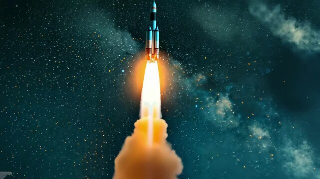 Dynamic Rocket Launch Captured at Dusk with Vibrant Contrails Against Blue Sky