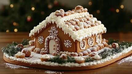 Decorated Gingerbread House with Snowy Icing and Christmas Trees