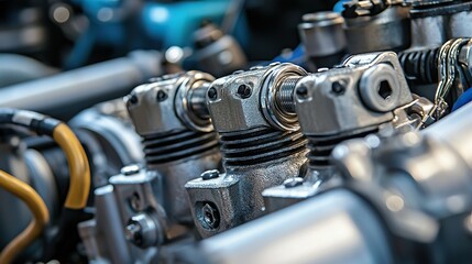 Fototapeta premium Detailed Close-Up of Engine Block Components Featuring Visible Bolts and Connectors, Highlighting Mechanical Precision and Engineering Excellence in Automotive Design