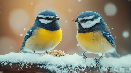 Naklejka premium Two Blue Tits Perched on a Snowy Branch with a Scattered Background