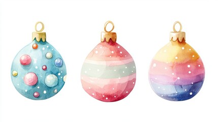 Three vibrant watercolor Christmas ornaments on a white background, showcasing festive colors and artistic flair.