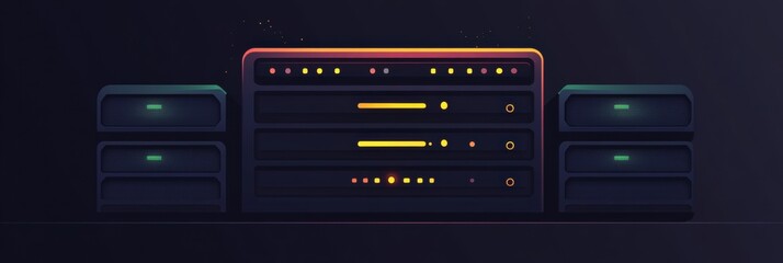 Obraz premium A set of servers with blinking indicators showcases data processing activities in a dark data center, highlighting system status. Generative AI