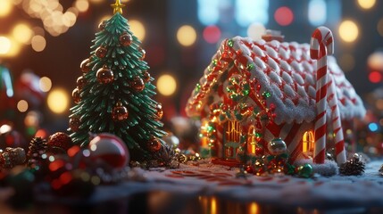 A festive Christmas village adorned with a sparkling tree and candy cane decorations, creating a cozy holiday atmosphere.