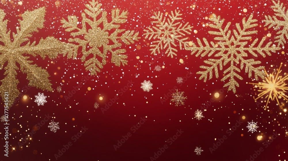 Poster golden snowflakes of various designs dance across a bright red backdrop, creating a festive atmosphe
