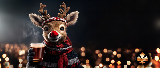 canadian reindeer rudolph raising a toast with a glass of hot beverage isolated over black background with lights; funny concept of celebrating festive winter events: new year's eve, wedding, birthday