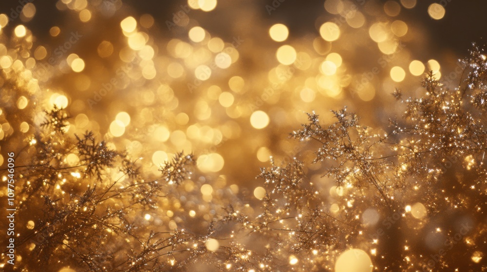 Poster A blurred background of warm golden lights is illuminated by the delicate branches of a plant in the foreground. The lights appear as soft, round orbs, creating a bokeh effect.