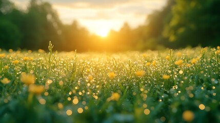 Obraz premium Golden sunlight over dewy grass and flowers