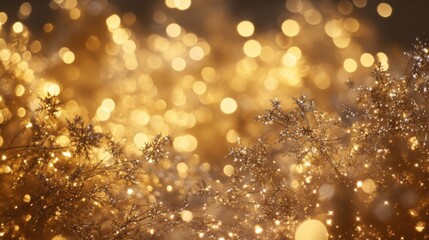 A blurred background of warm golden lights is illuminated by the delicate branches of a plant in the foreground. The lights appear as soft, round orbs, creating a bokeh effect.
