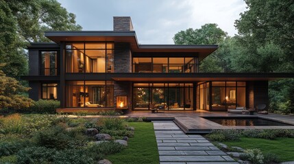 Naklejka premium Modern home with large windows and landscaped garden at dusk.