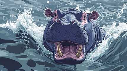 A Hippopotamus Emerging from the Water with Its Mouth Open