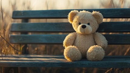 Obraz premium Classic teddy bear with button eyes, sitting alone on an empty wooden bench generative ai