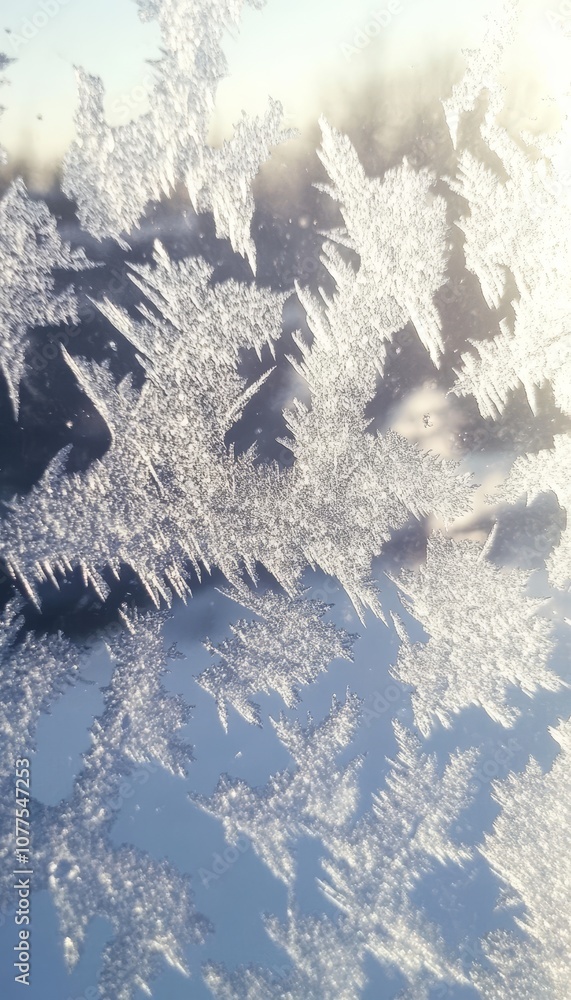 Poster frosty winter windowpane, abstract background with icy textures and delicate snowflake patterns