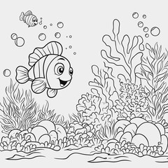 Fototapeta premium Happy Cartoon Fish Swimming Among Seaweed and Coral in an Underwater Scene with Bubbles and Vibrant Marine Life for Coloring Activities