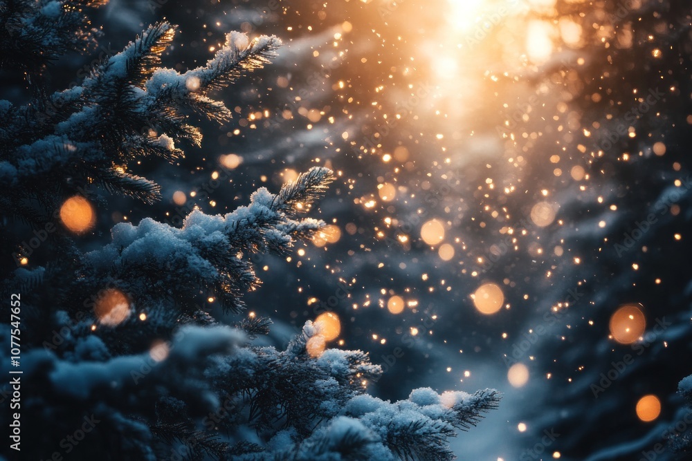 Poster a close-up of a snow-covered pine tree branch with the sun shining through the branches creating a b