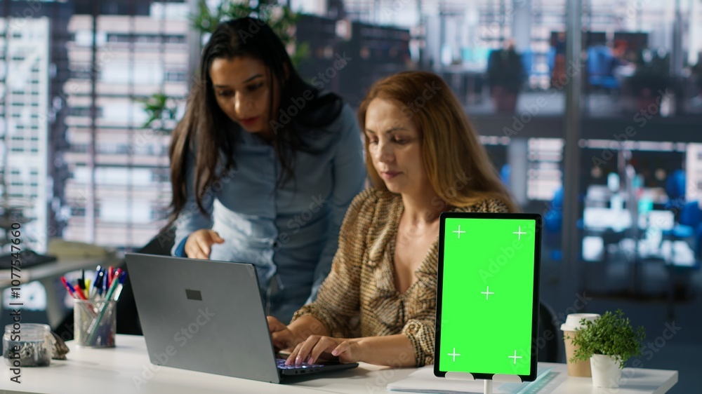 Poster female ceo engaging in project management using green screen to set goals and objectives, solve prob