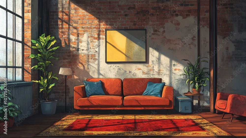 Poster a red sofa sits in a room with brick walls. this image can be used to create a warm and cozy atmosph