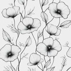 Elegant Outline Floral Pattern Featuring Delicate Poppies and Leaves on a Soft Gray Background for Backgrounds, Textiles, and Wallpapers