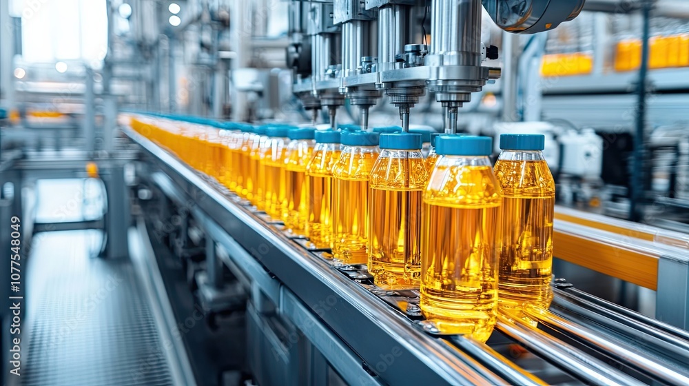 Poster automated bottling line with transparent bottles filled with yellow liquid