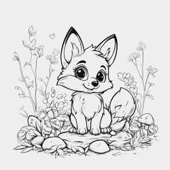 Obraz premium Cute and Playful Fox Character Surrounded by Wildflowers and Mushrooms in a Charming Illustrative Style, Perfect for Children's Books and Creative Projects