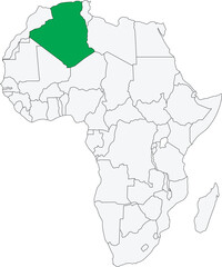Vector illustration of the detailed national location map of ALGERIA within the great continent of Africa
