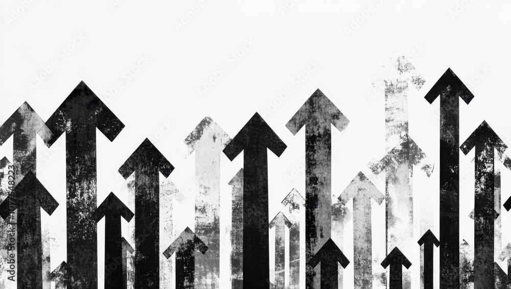 Poster a black and white, hand-drawn illustration of an array of arrows pointing upwards, symbolizing growt