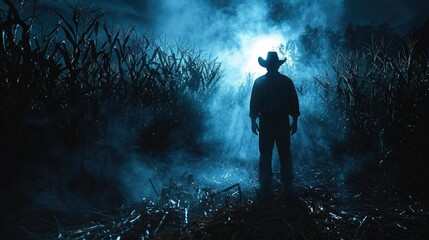 Obraz premium A lone figure stands in a cornfield at night, shrouded in mist and illuminated by a distant light.
