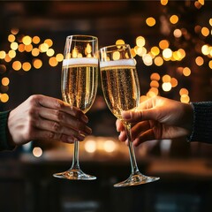 Two hands clink glasses of champagne in a warm, festive setting with sparkling lights in the background.