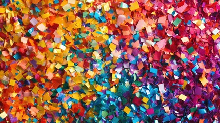 Rainbow confetti scattered on a surface. Use this image as a fun and festive background for your next project.