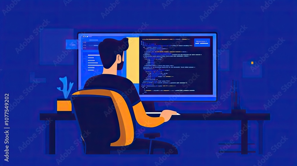 Aufkleber man sitting at a desk working on code