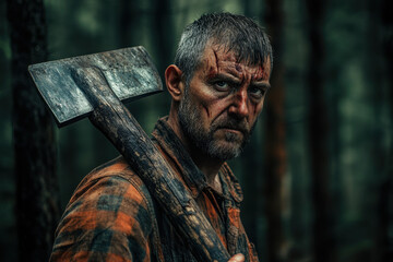 A rugged Caucasian man with a weathered face and fierce expression stands in a misty forest, holding an axe on his shoulder, evoking a sense of survival and determination.