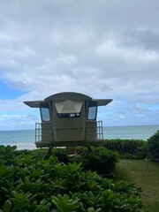 Lifeguard Tower Facing the Sea on a Cloudy Beach Day