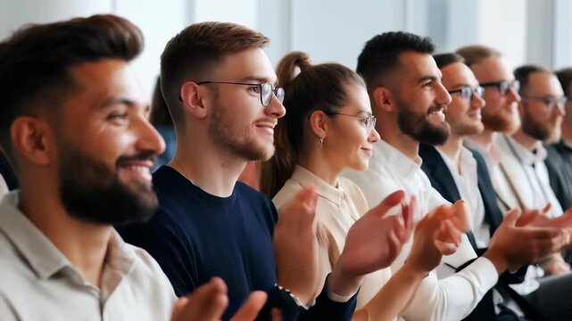 A group of people are clapping and smiling at a presentation
