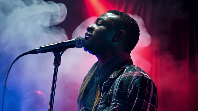Soulful black male singer emoting deeply into the microphone on a moody stage with soft lights