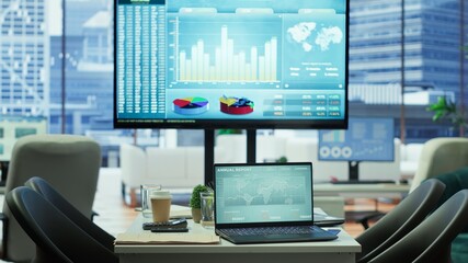 Empty corporation space with advanced technology enhances productivity, helping business associates focus on financial planning, performance metrics and global enterprise objectives.