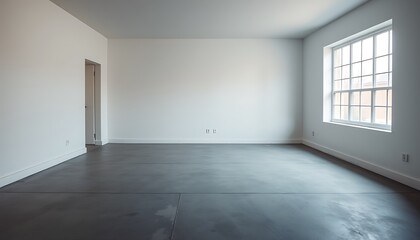 Obraz premium A minimalist, empty room with a large window on one side, letting in a soft, natural light that casts a subtle glow on the cold, grey concrete floor.