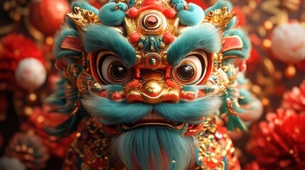 Fototapeta premium A close-up of a colorful Chinese lion dance costume with a fierce expression.