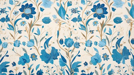 Fototapeta premium Blue and Gold Floral Pattern on a White Background