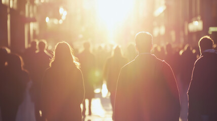 Crowd of people walking in the city during golden hour, symbolizing urban life, movement, and daily routine, perfect for themes of city lifestyle, hustle and bustle, and community dynamics