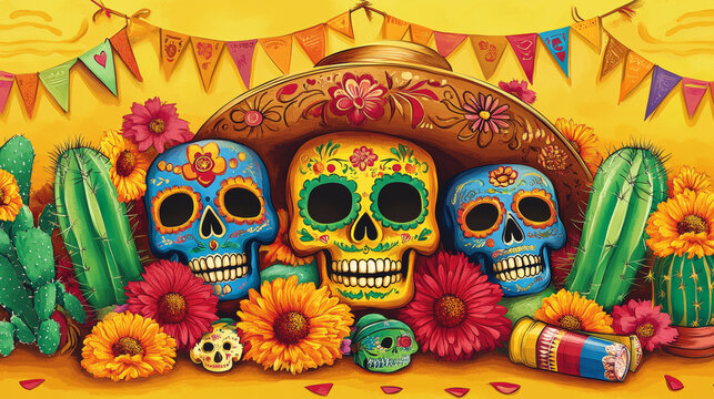 Colorful sugar skulls, marigolds, sombreros, and cacti decorate a bright yellow background with paper flags.  Maracas add a festive touch.