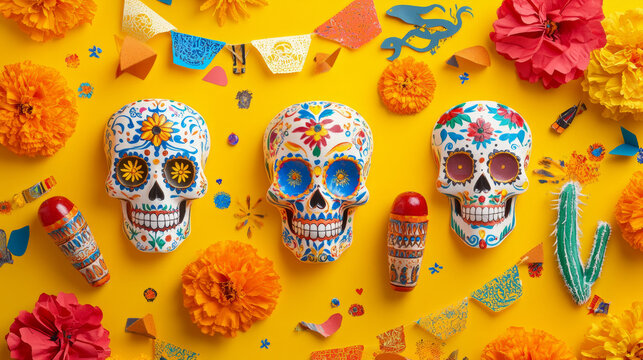 Colorful sugar skulls, marigolds, sombreros, and cacti decorate a bright yellow background with paper flags.  Maracas add a festive touch.