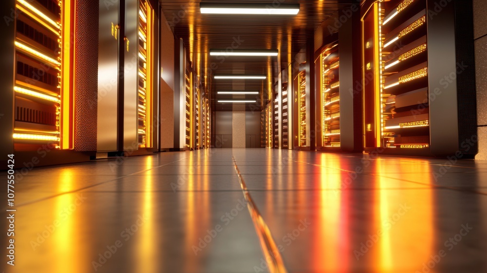 Poster futuristic server room with glowing network pipelines and symbolic elements in a sleek, modern envir