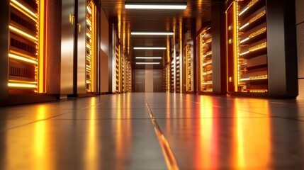 Futuristic Server Room with Glowing Network Pipelines and Symbolic Elements in a Sleek, Modern Environment Illuminate the Path to Advanced Technology Solutions
