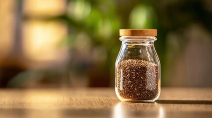 Small Glass Jar Filled with Chia Seeds on a Wooden Table Surrounded by Soft Natural Light and Greenery for Healthy Lifestyle and Wellness Themes