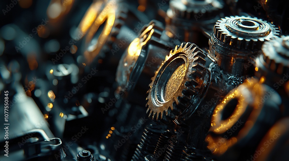 Poster intricate close-up of diesel engine components highlighting gears and pistons with a focus on detail