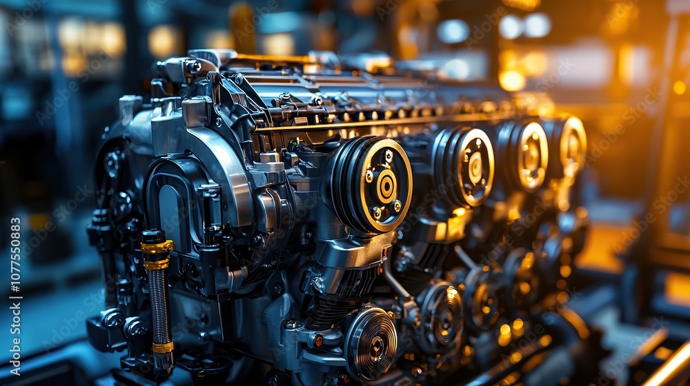 Poster detailed overview of a six-cylinder engine with injector system highlighting mechanical components a