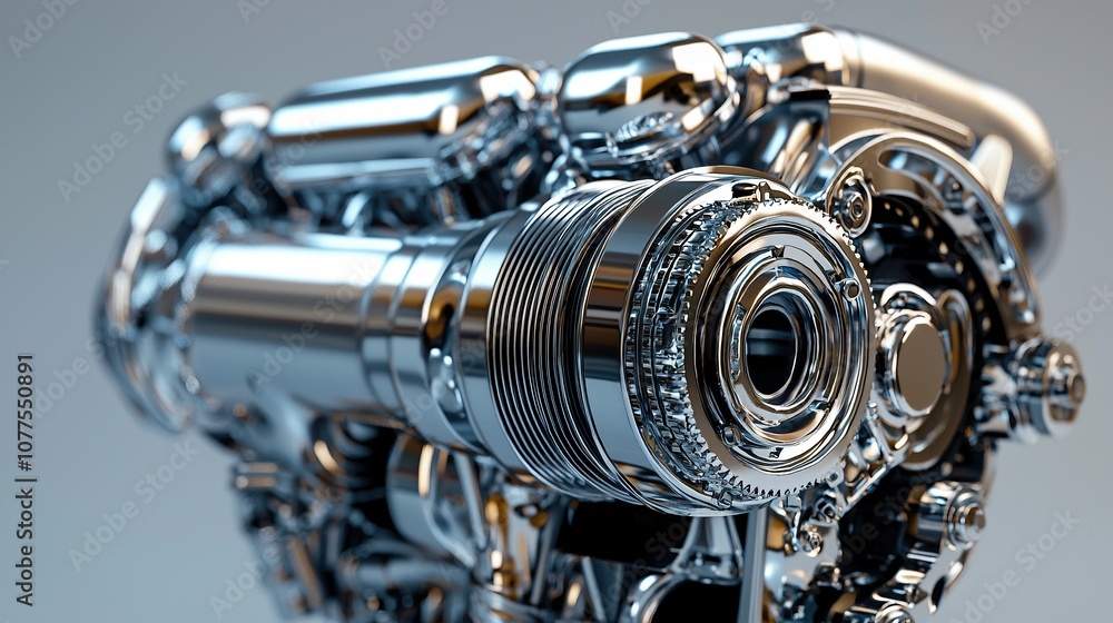 Poster close-up of a polished metal engine with reflective surfaces highlighting sharp details and intricat