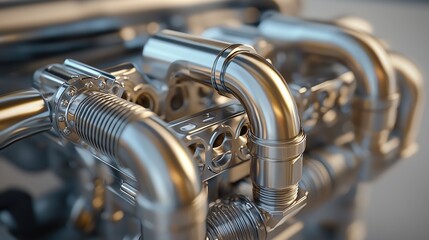 Obraz premium Detailed Close-Up View of Diesel Engine Exhaust Components Featuring Precision Engineering and High-Quality Finishes in a Professional Setting