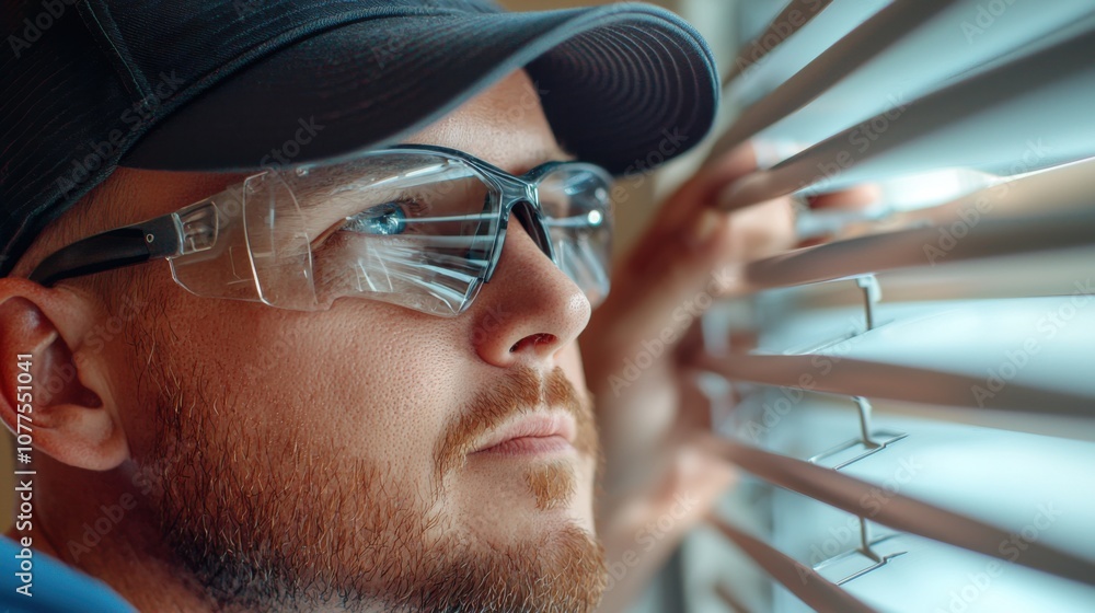Poster technician checking air vents for proper airflow and system efficiency with tools and glasses in a b