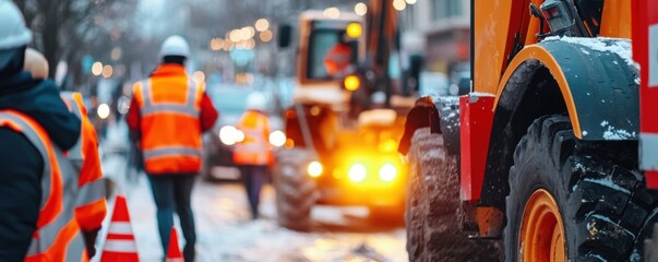 Fototapeta premium Busy construction zone featuring machinery and equipment lined up in winter, with workers in safety gear and vehicles working diligently on the street.