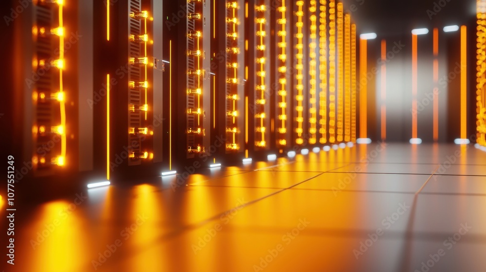 Poster Futuristic Server Room Featuring Glowing Network Pipelines and High-Tech Infrastructure for Data Processing and Storage Solutions in a Modern Digital Environment